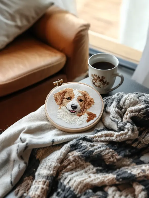 scarf, coffee and a smiling puppy embroidered on the table