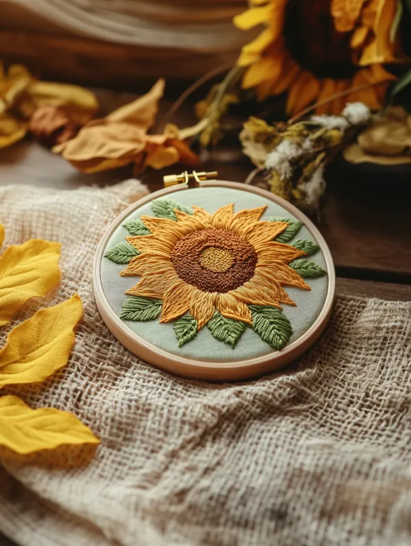 sunflower embroidery work is placed under a warm colored light