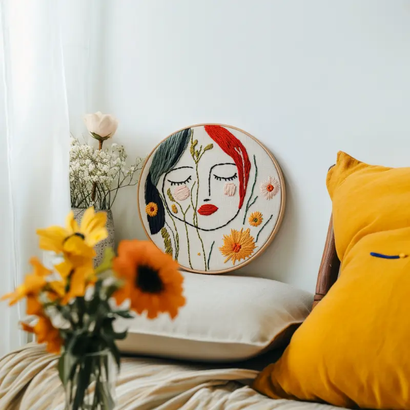 a vintage embroidery work is placed above the pillow