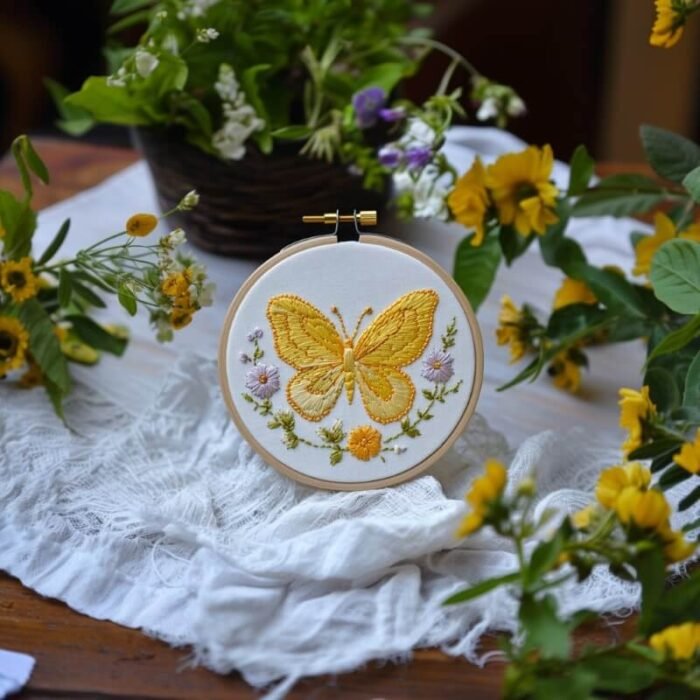 yellow butterfly embroidery placed on the table