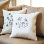 A beige sofa adorned with embroidered pillows featuring various bird and floral designs