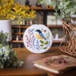 A scene with potted plants, books, and a decorative embroidery piece