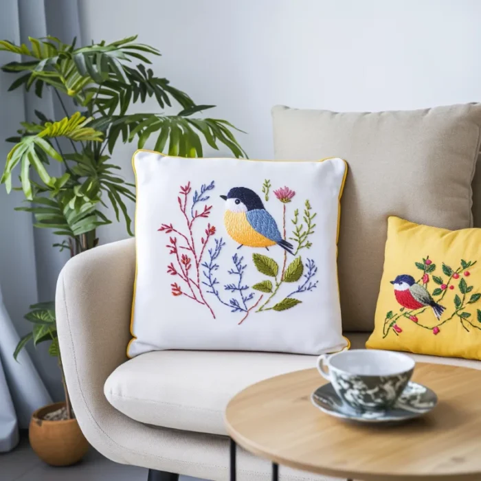 A sofa with assorted pillows in various sizes and colors, with a coffee table in front holding a cup of coffee