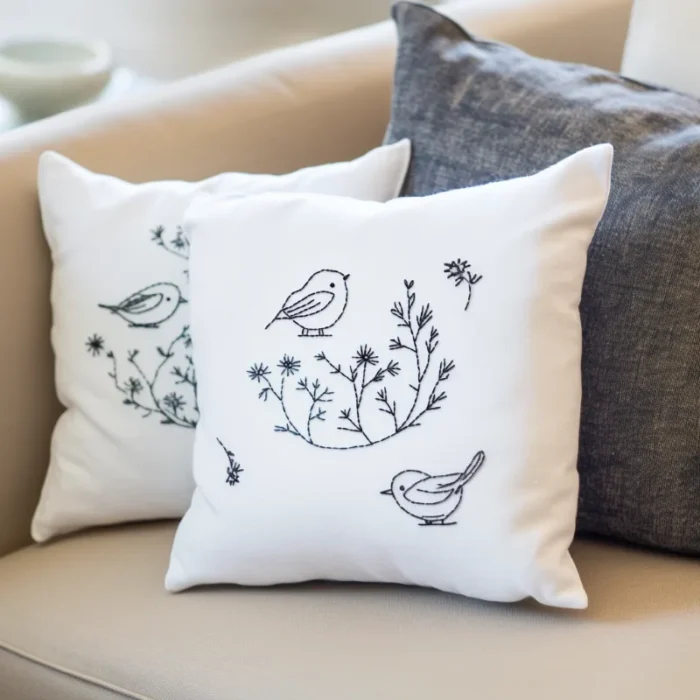 A sofa with three pillows, two of which are white and embroidered with bird and branch patterns