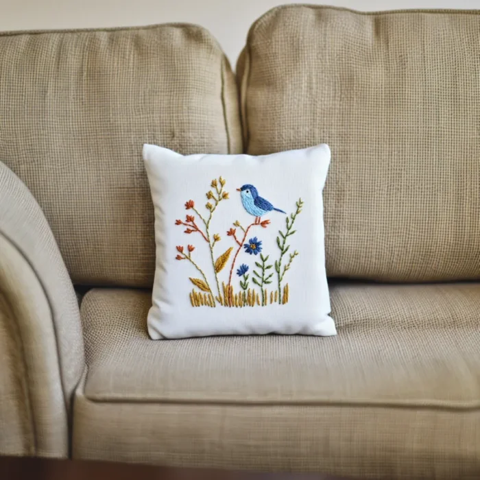 A vintage-style sofa featuring a white bird and floral embroidered pillow