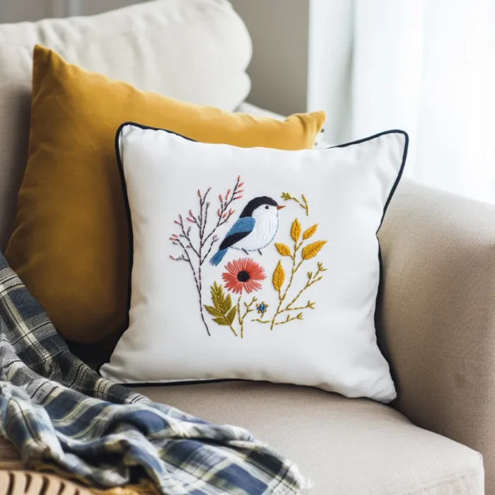An off-white sofa with solid-color cushions, embroidered pillows, and a checkered throw blanket