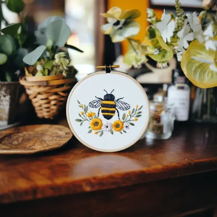 Bee and chrysanthemum embroidery artwork placed on a table