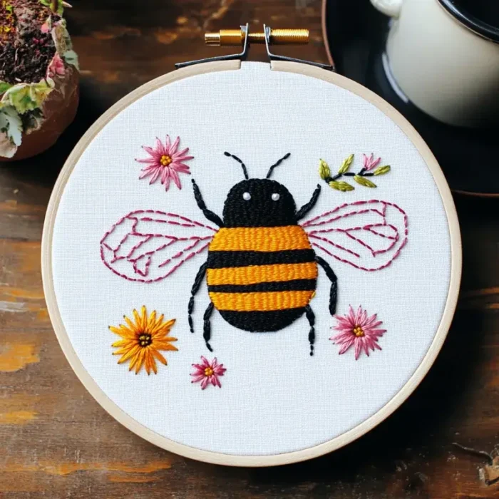 Bee and colorful small flowers embroidery artwork