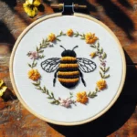Bee and floral wreath embroidery artwork displayed on a table under sunlight