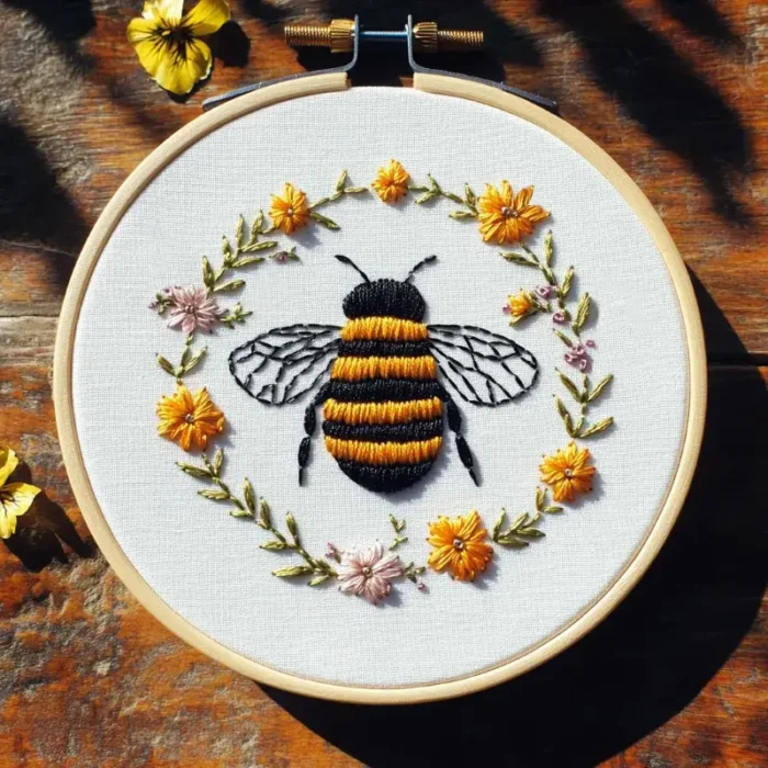 Bee and floral wreath embroidery artwork displayed on a table under sunlight