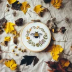 Bee and floral wreath embroidery displayed on a tablecloth, decorated with maple leaves