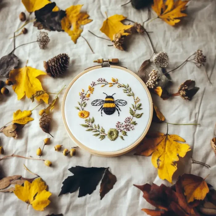 Bee and floral wreath embroidery displayed on a tablecloth, decorated with maple leaves