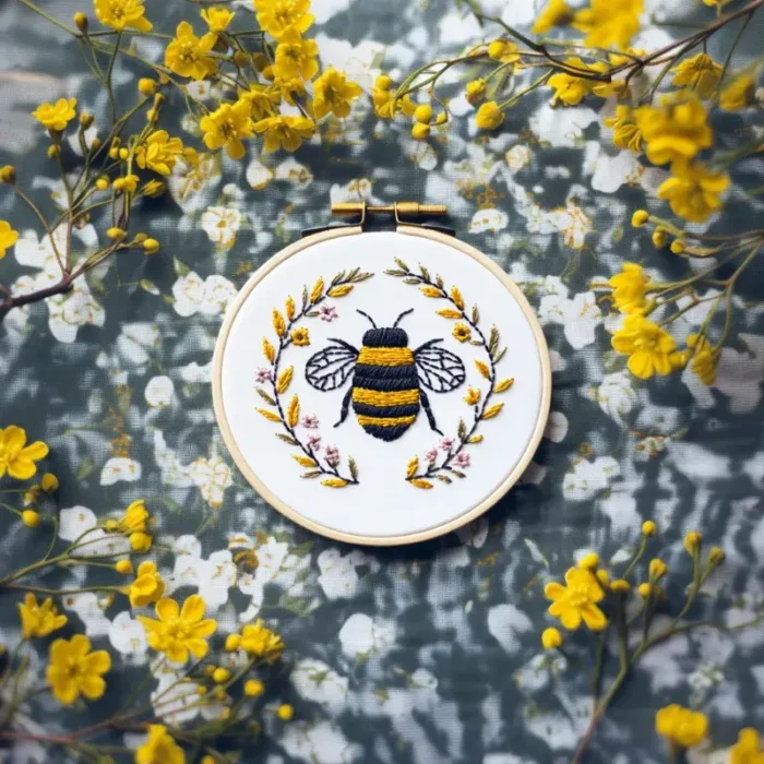 Bee and floral wreath embroidery displayed on floral fabric, accented with chrysanthemums