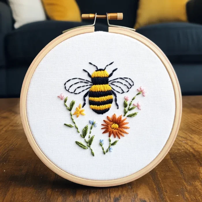 Bee and flower embroidery artwork in close-up view