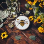 Bee and flower embroidery piece on a table decorated with leaves and mini sunflowers