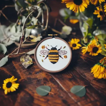 Bee and flower embroidery piece on a table decorated with leaves and mini sunflowers