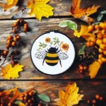 Bee and flower embroidery piece placed on a deck, decorated with leaves and fruits