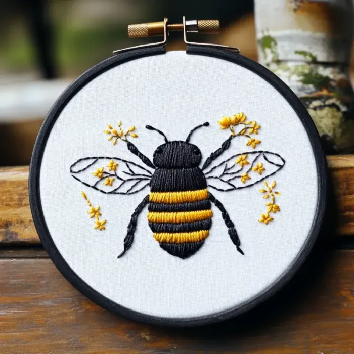Bee and small yellow flowers embroidery artwork