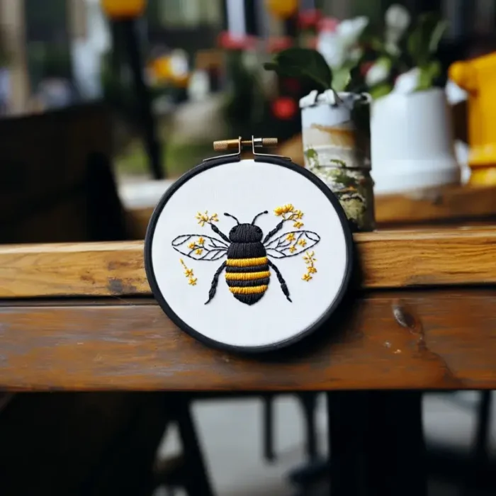 Bee and yellow flower embroidery piece hanging on a table display