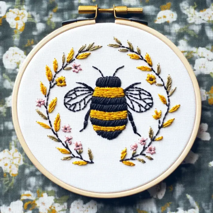 Bee embroidery artwork centered in a floral wreath