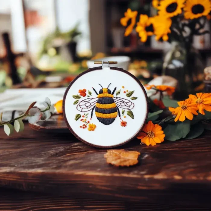 Bee-themed embroidery pattern placed on a table with sunflowers as decoration