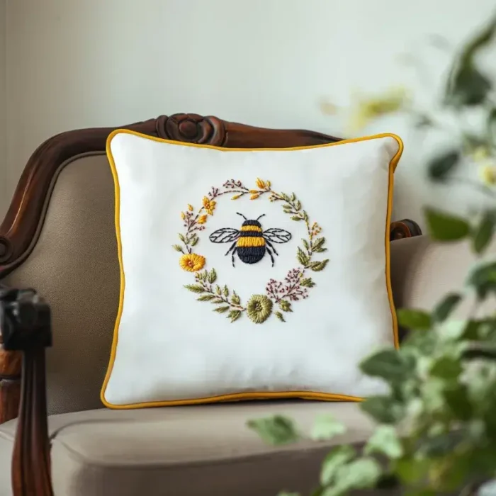 Bee wreath embroidered pillow placed on a backrest chair