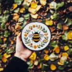 Bee wreath embroidery piece held outdoors in natural light