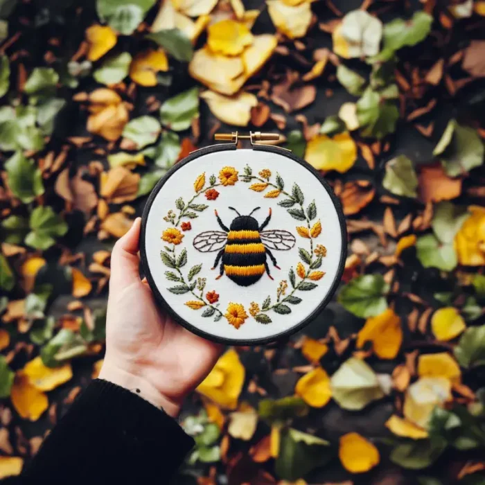 Bee wreath embroidery piece held outdoors in natural light