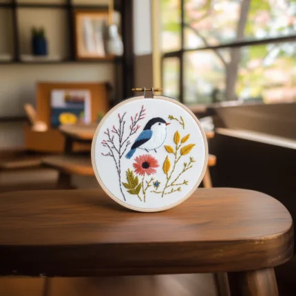 Bird-themed embroidery displayed on a table in the sitting room
