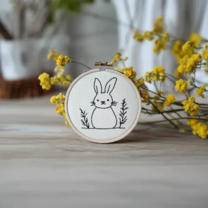 Black and white rabbit embroidery pattern displayed on a table
