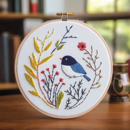 Close-up Blue Feather Bird Hand Embroidery Artwork
