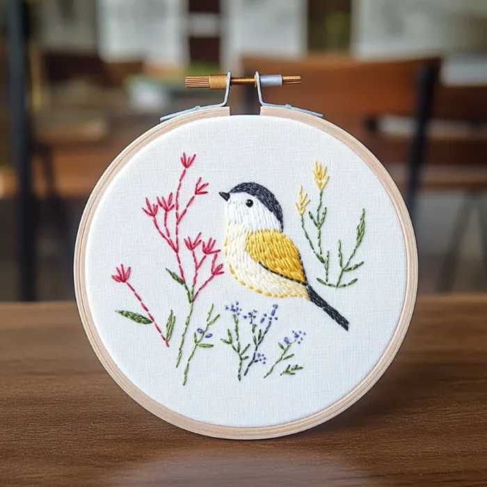 Close-up Yellow Bird and Plant Printable Embroidery Artwork