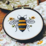 Close-up of a bee and flower embroidery in a black hoop on white fabric