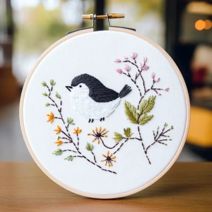 Close-up of a black and white bird embroidery artwork with colorful flowers on tree branches