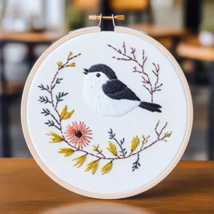 Close-up of a black and white bird embroidery artwork with golden leaves and tree branches