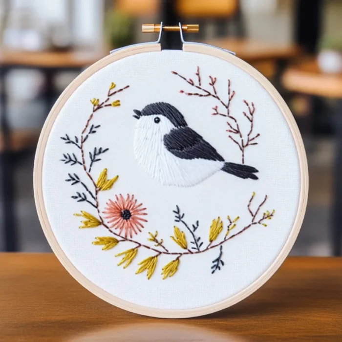 Close-up of a black and white bird embroidery artwork with golden leaves and tree branches
