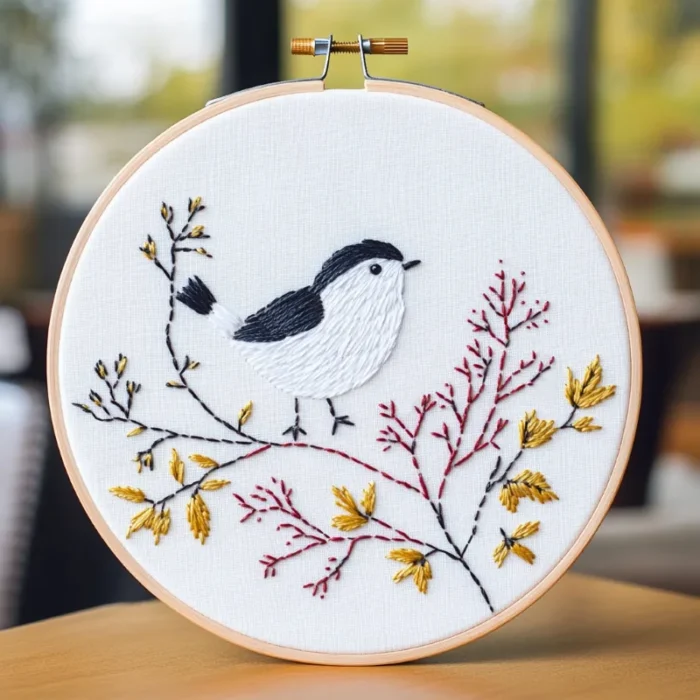 Close-up of a black and white bird embroidery perched on yellow and red autumn branches