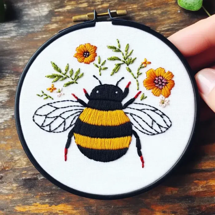 Close-up of a chubby bee and colorful flowers embroidery artwork