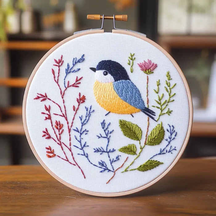 Close-up of a colorful bird and floral embroidery design