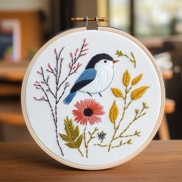 Close-up of a detailed bird and tree embroidery artwork