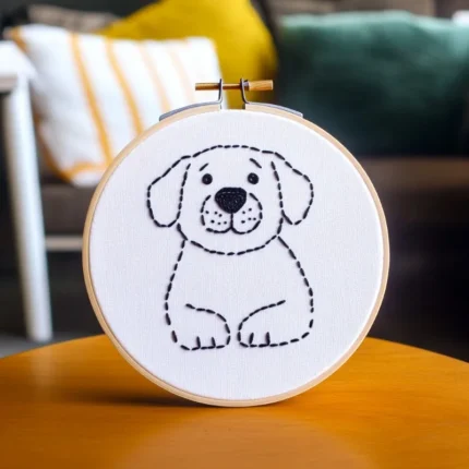 Close-up of a hand-embroidered Labrador retriever lying on the ground