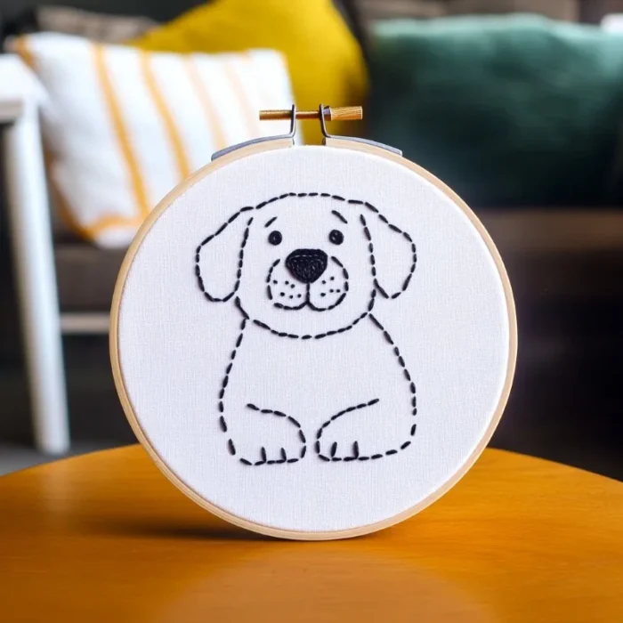 Close-up of a hand-embroidered Labrador retriever lying on the ground