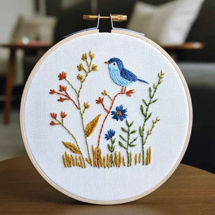 Close-up of a handmade blue bird embroidery artwork