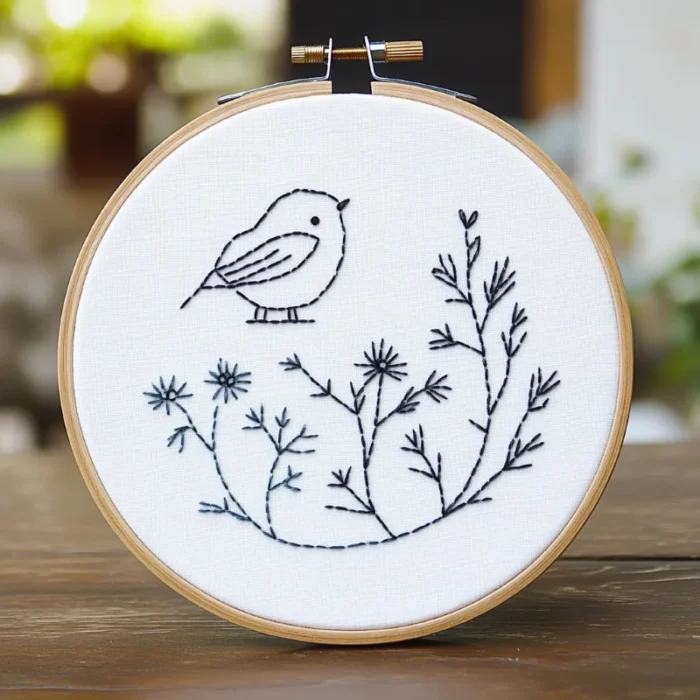 Close-up of a minimalist bird and branch embroidery artwork