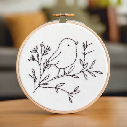 Close-up of a minimalist line art bird embroidery artwork