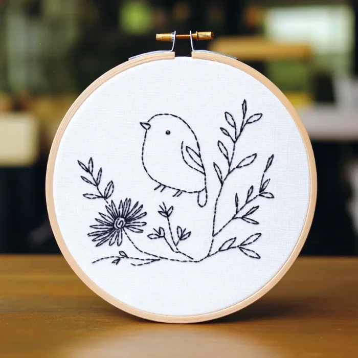 Close-up of a simple black and white line art bird embroidery