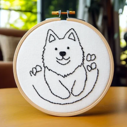 Close-up of a smiling Samoyed dog running toward you, hand-embroidered artwork