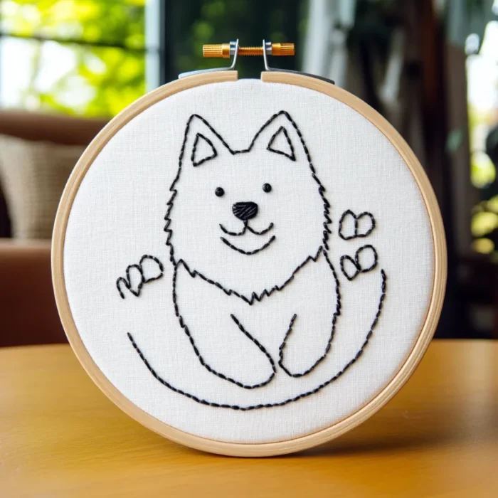 Close-up of a smiling Samoyed dog running toward you, hand-embroidered artwork