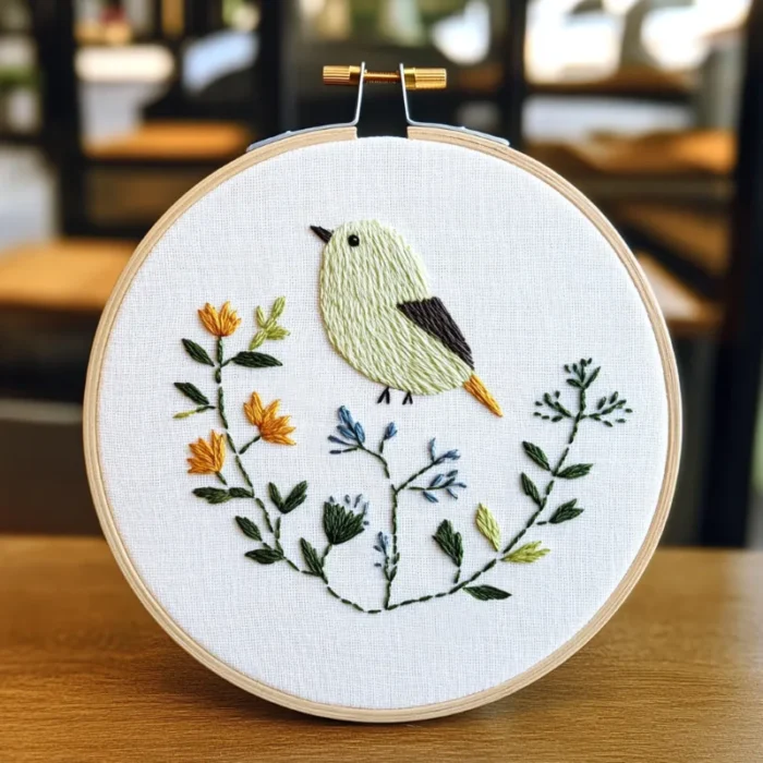 Close-up of a white bird embroidery artwork perched proudly on a tree branch