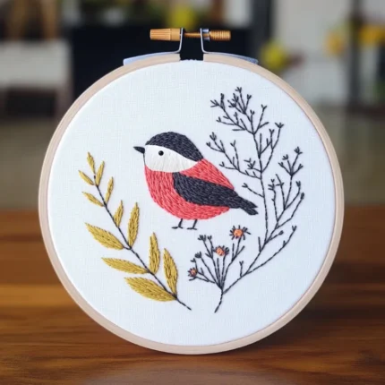 Close-up of an embroidered artwork featuring a pink and black bird, golden leaves, and black branches